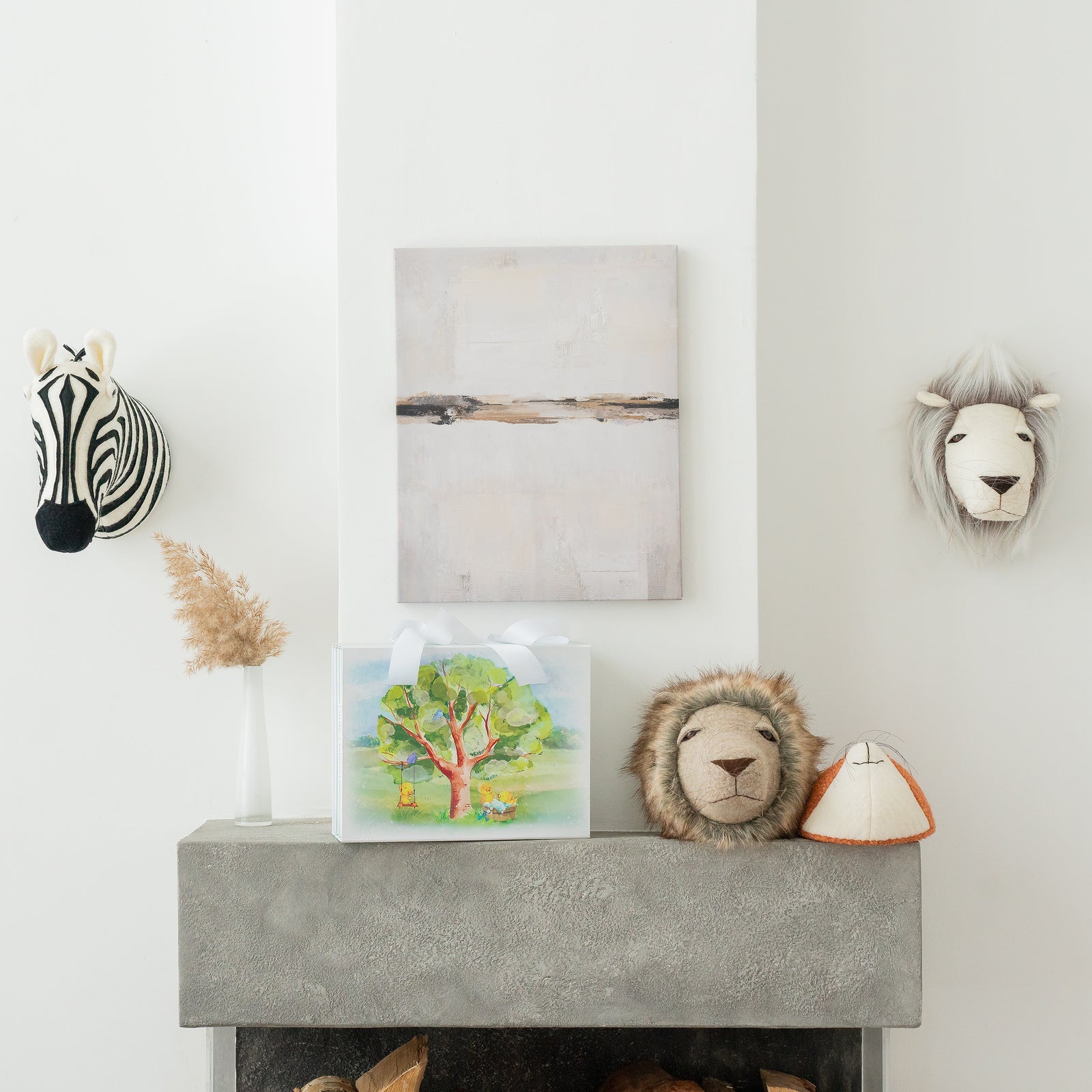 white+kimono gift box standing on the fireplace with stuffed animals